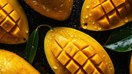 Wall Mural - Ripe cut slices of mango in water drops on the leaves. Studio light. Created with AI.