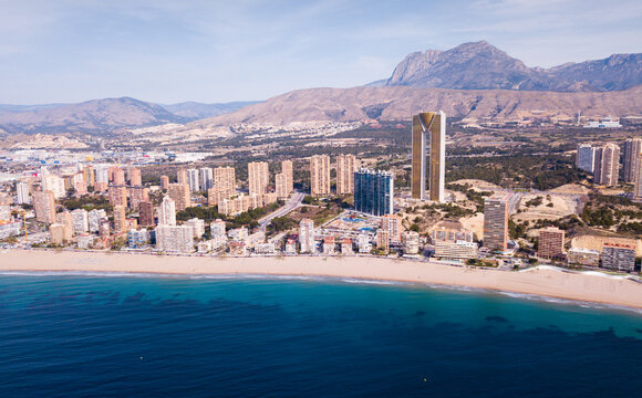 panoramic aerial view of coast line at benidorm with view of buildings and sea, spain