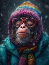Funny Monkey In Snowy Winter Wearing Knitted Hat, Scarf, Glasses And Coat. Generative AI