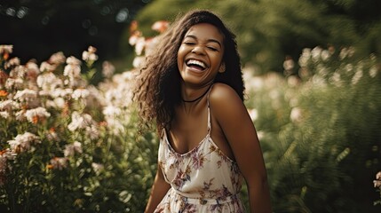 Portrait of a fictional black woman model laughing candidly outside, wearing a sundress. Generative AI illustration.