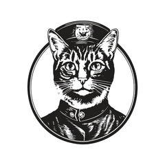 Wall Mural - cat in uniform, vintage logo concept black and white color, hand drawn illustration