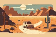 Van Driving Down A Desert Road Next To A Cactus. Generative AI