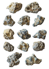 Collection of pitted and heavily textured rocks isolated on a transparent background