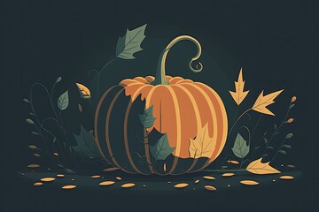 Sticker - Halloween pumpkin resting on a heap of autumn leaves. Generative AI