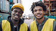 © Andy Dean - Two Smiling Young Adult Multiethnic Male Workers Wearing Hard Hat and Safety Vest Standing at a Shipping Dock - Generative AI.