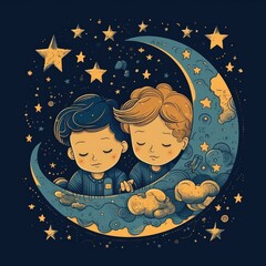 Wall Mural - Baby sleeping among blue sky, bright moon and stars, cartoon with generative ai