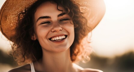 Wall Mural - Happy young woman enjoying freedom at the beach. Generative AI