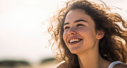 Happy woman enjoying freedom at the beach. Generative AI