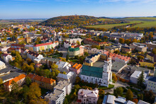 Aerial View Of Krnov Cityscape Overlooking Town Hall And St. Martin Church On Sunny Autumn Day, Czech Republic
