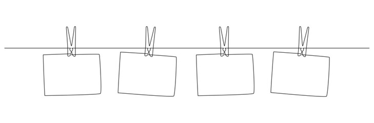 Aufkleber - Photo frames hanging on the rope with clothespins in one continuous line drawing. Clothesline with pin and peg for photo album design concept in simple linear style. Editable stroke. Doodle vector