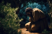 Praying In Gethsemane Photorealistic Jesus Christ Portrait Illustration [Generative AI]