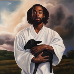 Wall Mural - The Good Shepherd Holds Black Lamb Christ Portrait Illustration [Generative AI]