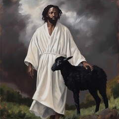 Wall Mural - Jesus Christ with Black Sheep under Stormy Skies Painterly Portrait Illustration [Generative AI]