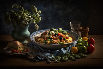 Wall Mural - A classic and traditional decoration of Italian food cuisine. Pasta, flour tortillas, parmesan and cheeses. Creative and great authentic servers. Generative AI