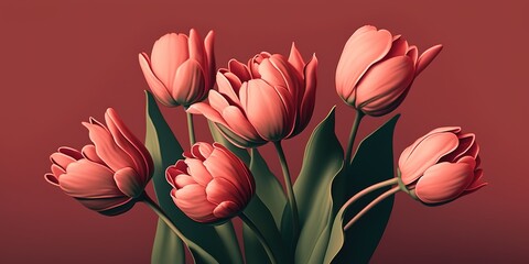 Sticker - Isolated red tulips against a background of pale pink. Generative AI