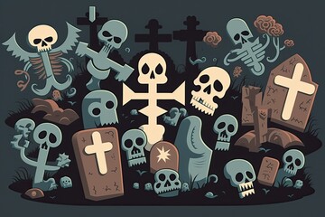 Poster - spooky graveyard scene with skulls and tombstones. Generative AI