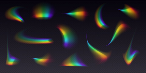 refractions set, leak flare overlay, rainbow sunlight effect, holographic rays collection isolated o