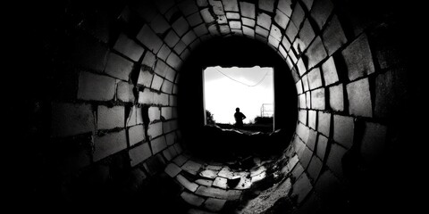 Wall Mural - staring into the abyss. light at the end of the tunnel. abstract silhouette background wallpaper.