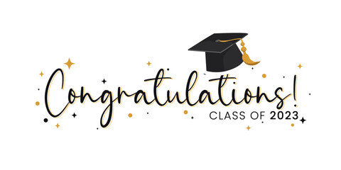 Congratulations Class of 2023 greeting sign. Congrats Graduated. Congrats banner. Handwritten brush lettering. Isolated vector text for graduation design, greeting card, poster, invitation