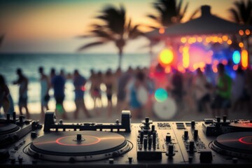 Professional sound system dj console on foreground and blurred crowd of happy dancing people on background. AI generated