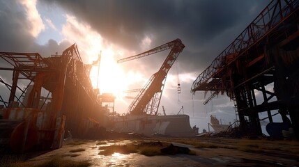 Wall Mural - Abandoned shipyard, rusty damaged ships, cranes and mashinery, AI generative industrial landscape on sunset