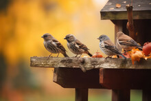 Group Of Little Birds Perching On A Bird Feeder On Autumn Background, Generative AI
