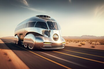 Sticker - sleek, futuristic vehicle cruising on a desert highway. Generative AI