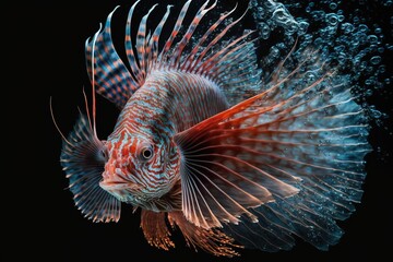 Sticker - A lone red lionfish swims against a blue ocean backdrop. Generative AI