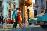 Couple dancing tango on street in Argentina, retro futuristic style, AI generative illustration
