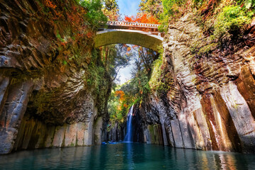 Sticker - Miyazaki, Japan - Nov 24 2022: Takachiho Gorge is a narrow chasm cut through the rock by the Gokase River, plenty activities for tourists such as rowing and trekking through beautiful nature