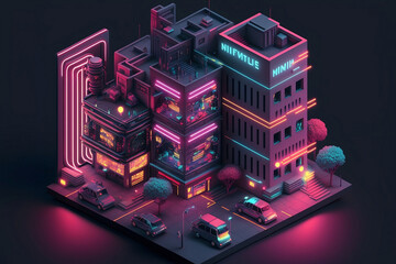 Isometric cyberpunk night city with light grow. Generative AI.