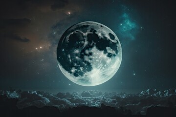 Poster - full moon with clouds and stars in the night sky. Generative AI