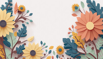Wall Mural - Vibrant and intricate papercraft flower border, bursting with an array of colors, creating a captivating backdrop with ample space for text