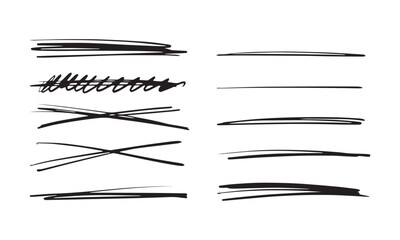 Collection of hand drawn scribbles, underline with marker, pen, pencil. Abstract lines for handwritten text design. Vector illustration isolated on white background.