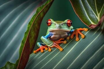 Sticker - Red-eyed Tree Frog perched on a green leaf. Generative AI