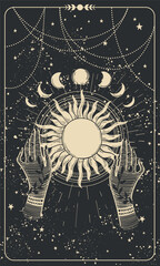 mystical tarot card, witch holding the sun, engraved on a black background. background for stories, 