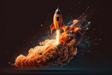 An Orange And Black Rocket Soaring Through The Sky With Flames Shooting From Its Engines. Generative AI
