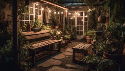 Rustic wooden furniture illuminates tranquil garden scene outdoors generated by AI