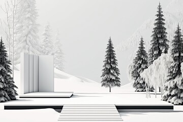 Poster - winter wonderland with a cabin surrounded by snow-covered trees. Generative AI