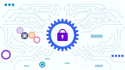 abstract technological background with gear wheel, padlock icon and circuit lines on white backgroun