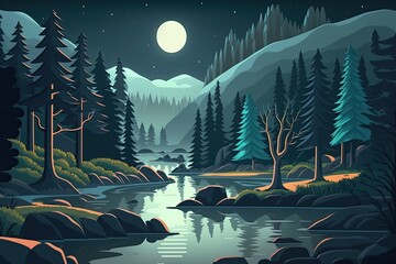 Wall Mural - serene night landscape with a flowing river and tall trees. Generative AI