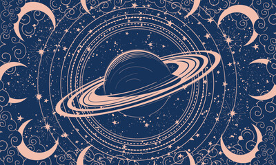 mystical space background with planet saturn and moon on blue background with stars, flat design for