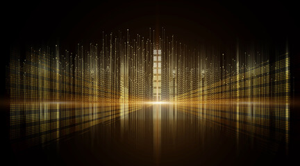 Sticker - virtual golden particles digital city night scene skyline on black background. abstract background t