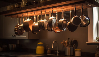 Sticker - Shiny steel utensils hang in modern kitchen design generated by AI