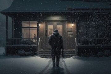 Poster - winter scene with a person standing in front of a cozy home. Generative AI