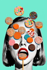 boy face covered in candy lips come out sweet vibrant collage art style, colorful pills on face, Inspiration, idea, trendy urban magazine style, Female with candies isolated blue backgr, generative ai