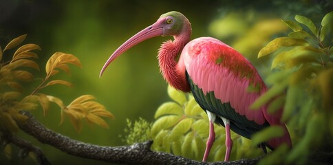 Wall Mural - A pink ibis perched in the midst of a forest of leaves Generative AI