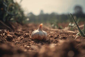 Garlic on the soil in a farmland ai generative illustration