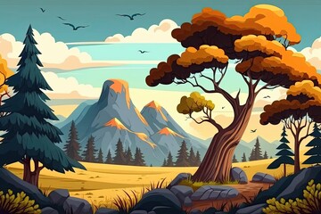 Poster - majestic mountain landscape with lush trees and rocky terrain. Generative AI