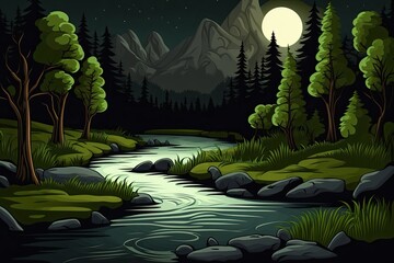 Poster - moonlit river flowing through a dense forest. Generative AI